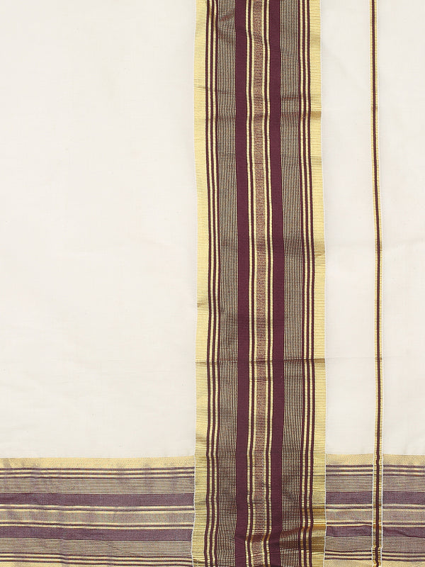 Off-White Cotton Set Saree with Maroon Stripes On Golden Kasavu Border