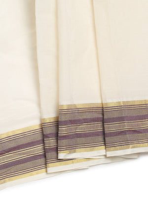 Off-White Cotton Set Saree with Maroon Stripes On Golden Kasavu Border