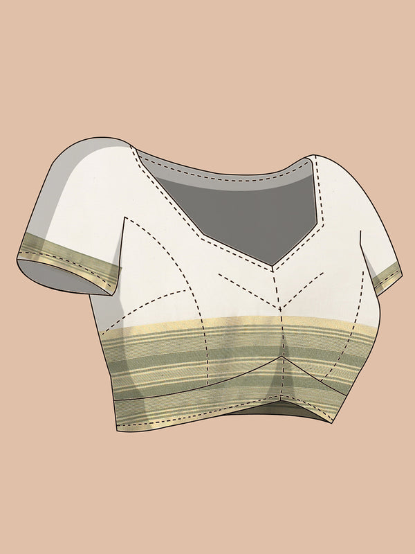 Off-White Cotton Saree with Olive Green Stripes & Golden Kasavu Border