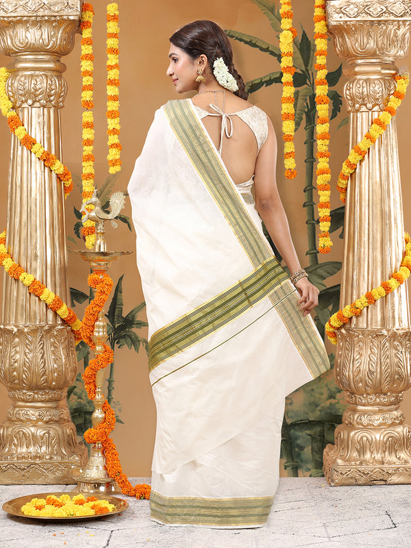 Off-White Cotton Saree with Olive Green Stripes & Golden Kasavu Border