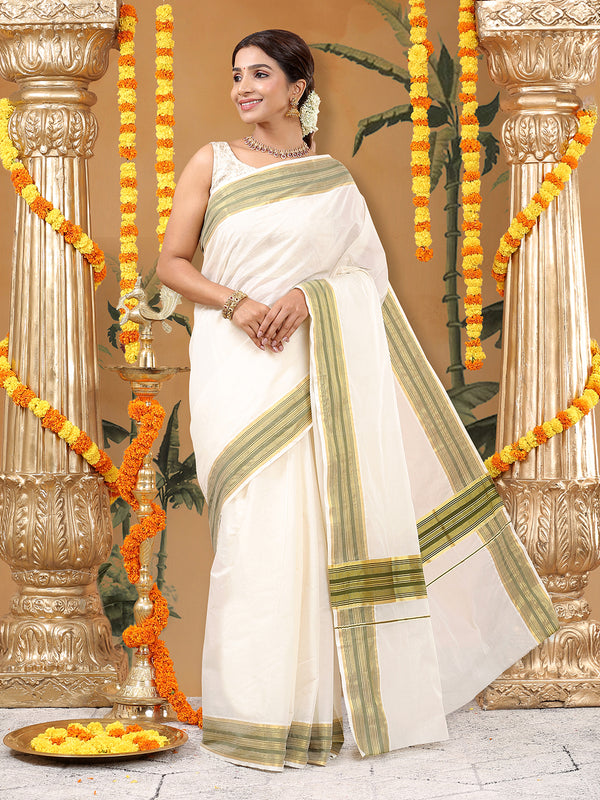 Off-White Cotton Saree with Olive Green Stripes & Golden Kasavu Border