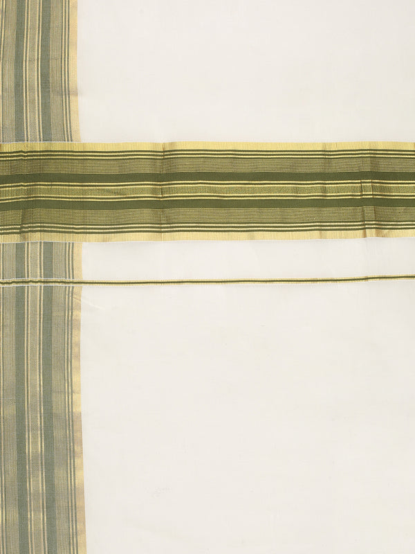 Off-White Cotton Saree with Olive Green Stripes & Golden Kasavu Border