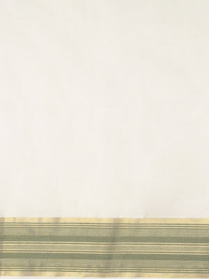 Off-White Cotton Saree with Olive Green Stripes & Golden Kasavu Border
