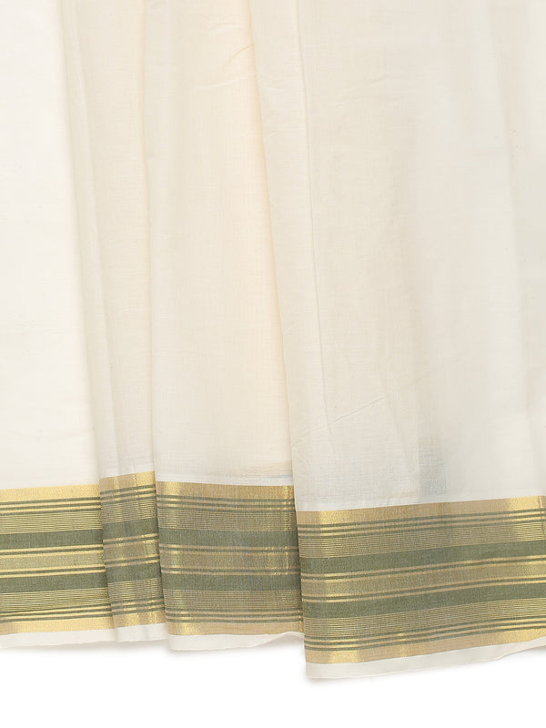 Off-White Cotton Saree with Olive Green Stripes & Golden Kasavu Border