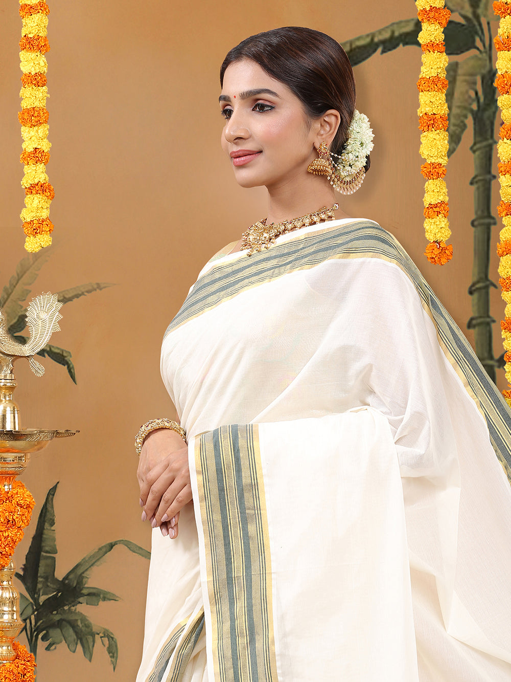 Off-White Cotton Set Saree with Dark Green Stripes On Golden Kasavu Border