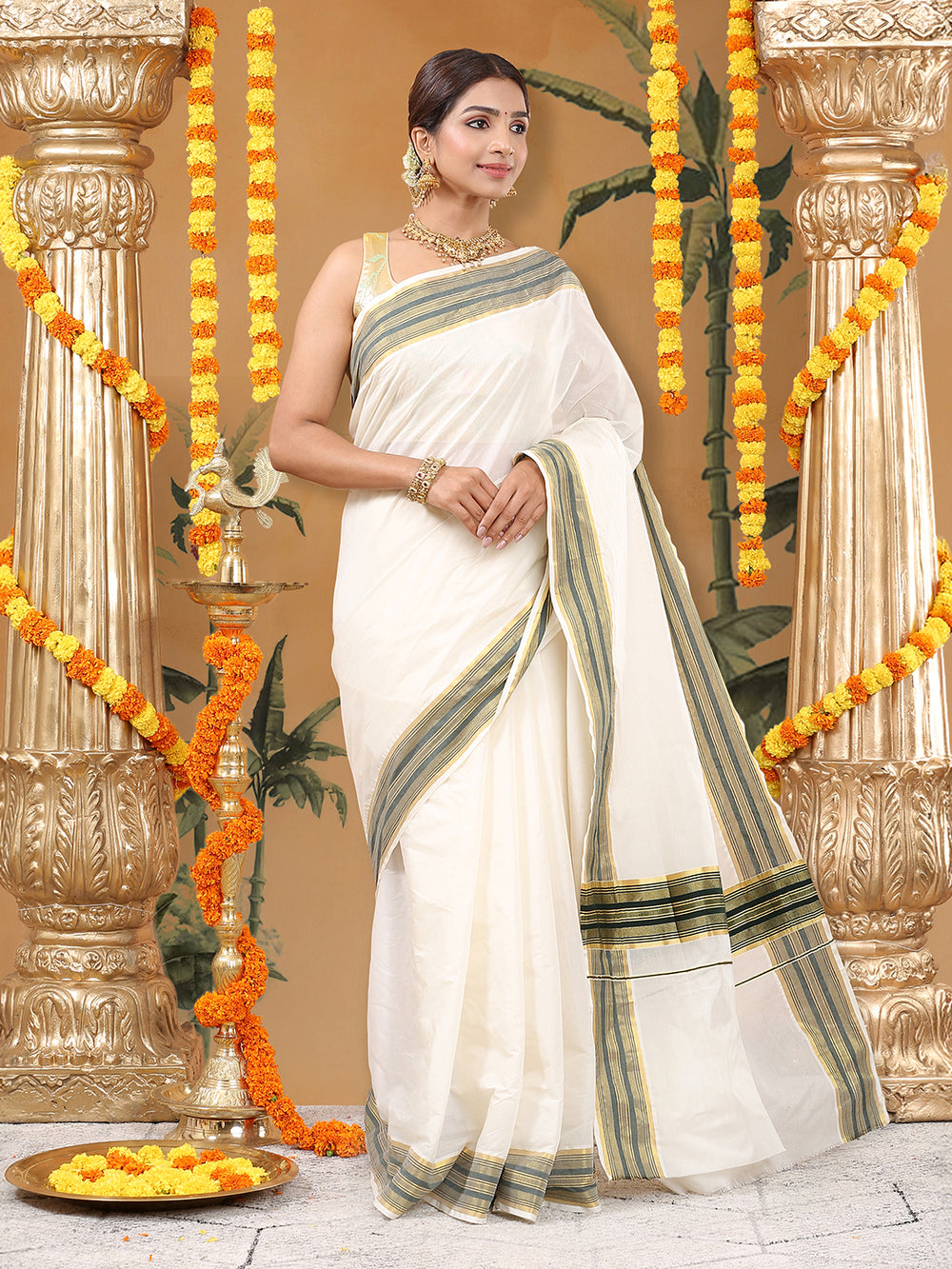 Off-White Cotton Set Saree with Dark Green Stripes On Golden Kasavu Border