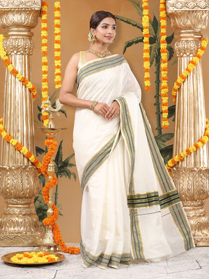 Off-White Cotton Set Saree with Dark Green Stripes On Golden Kasavu Border