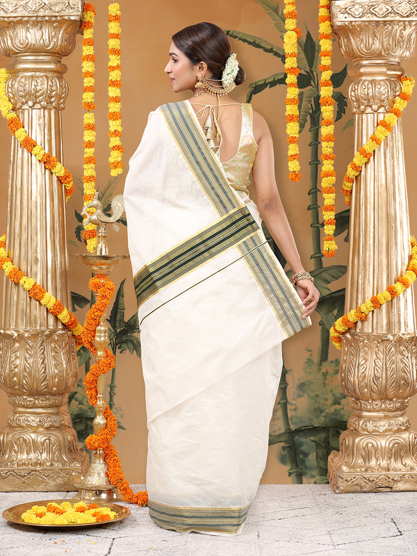 Off-White Cotton Set Saree with Dark Green Stripes On Golden Kasavu Border