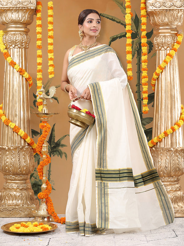 Off-White Cotton Set Saree with Dark Green Stripes On Golden Kasavu Border