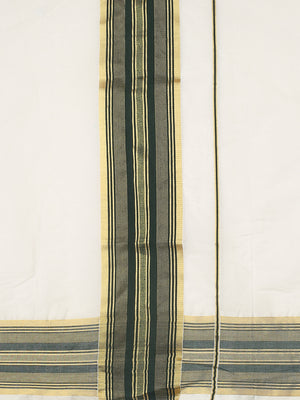Off-White Cotton Set Saree with Dark Green Stripes On Golden Kasavu Border