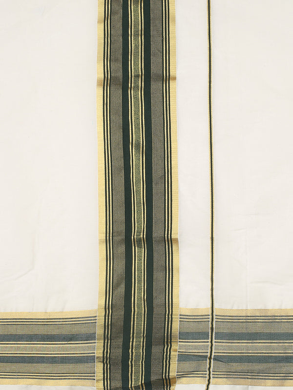 Off-White Cotton Set Saree with Dark Green Stripes On Golden Kasavu Border