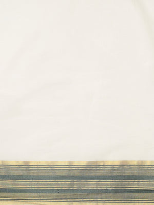 Off-White Cotton Set Saree with Dark Green Stripes On Golden Kasavu Border