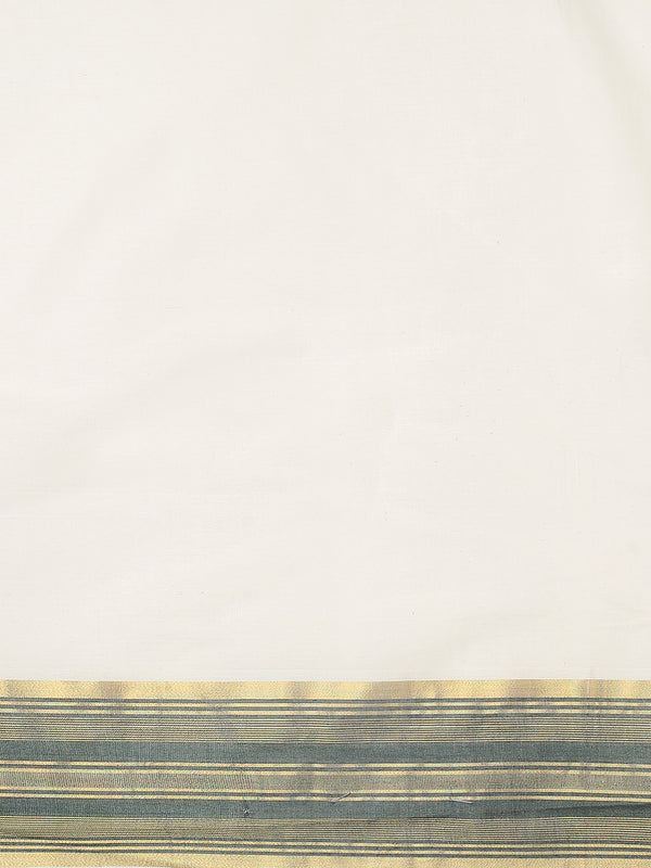 Off-White Cotton Set Saree with Dark Green Stripes On Golden Kasavu Border