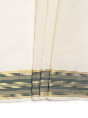 Off-White Cotton Set Saree with Dark Green Stripes On Golden Kasavu Border