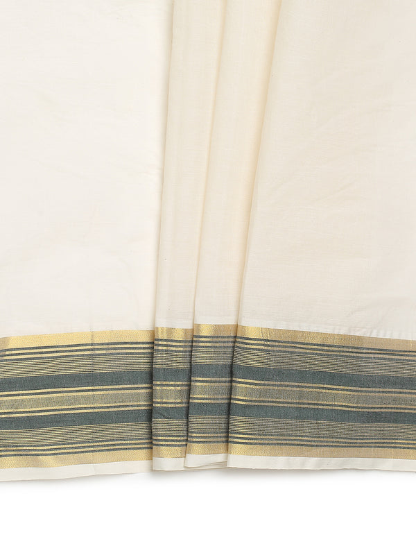 Off-White Cotton Set Saree with Dark Green Stripes On Golden Kasavu Border