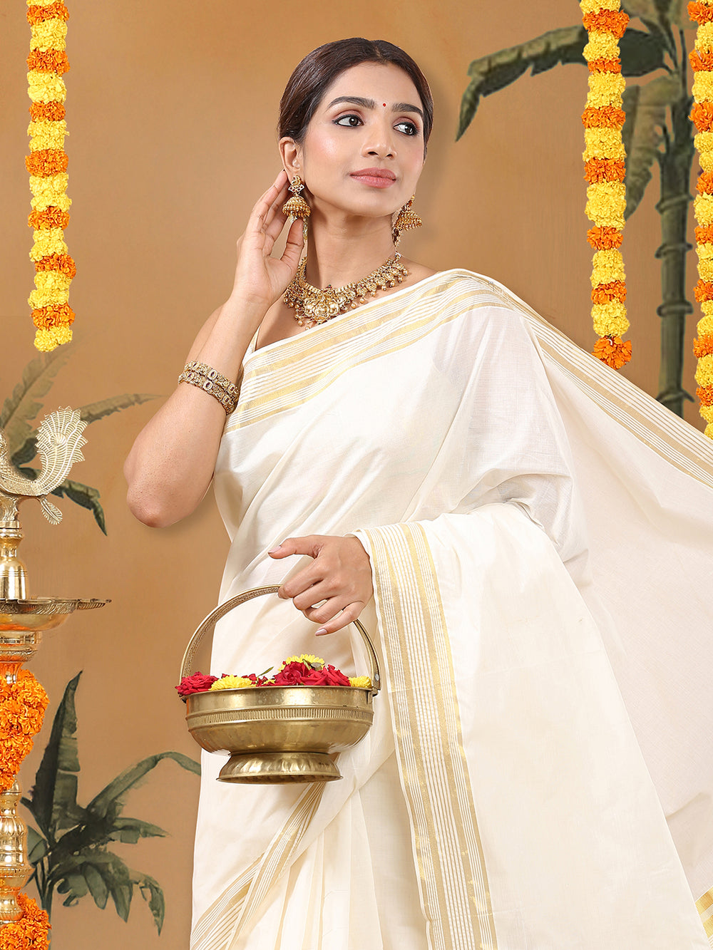 Off-White Cotton Set Saree with Off White Stripes On Golden Kasavu Border