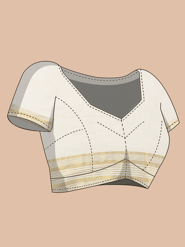 Off-White Cotton Set Saree with Off White Stripes On Golden Kasavu Border