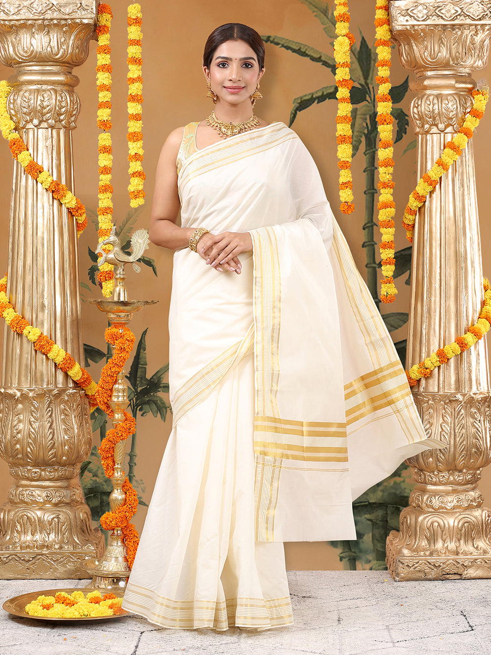 Off-White Cotton Set Saree with Off White Stripes On Golden Kasavu Border