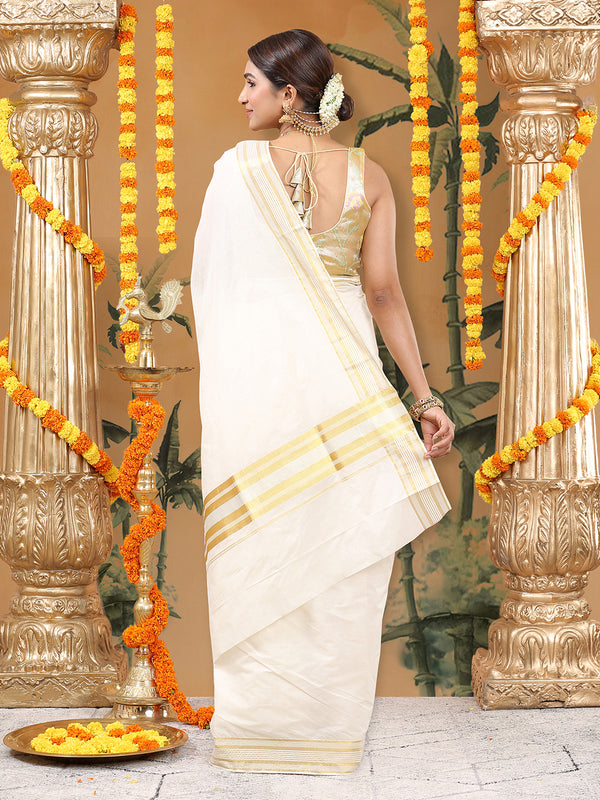 Off-White Cotton Set Saree with Off White Stripes On Golden Kasavu Border