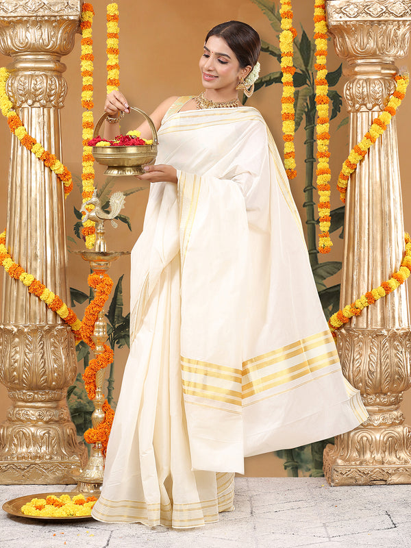Off-White Cotton Set Saree with Off White Stripes On Golden Kasavu Border