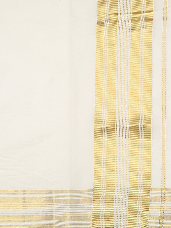 Off-White Cotton Set Saree with Off White Stripes On Golden Kasavu Border