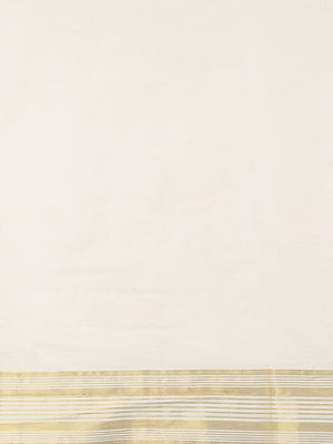 Off-White Cotton Set Saree with Off White Stripes On Golden Kasavu Border