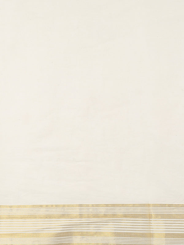 Off-White Cotton Set Saree with Off White Stripes On Golden Kasavu Border
