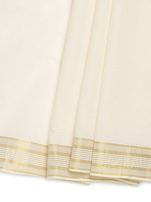 Off-White Cotton Set Saree with Off White Stripes On Golden Kasavu Border