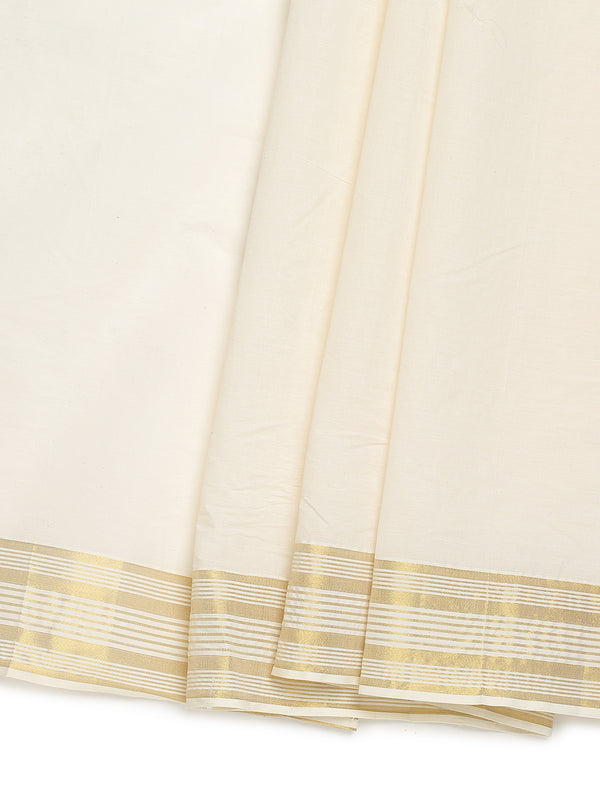 Off-White Cotton Set Saree with Off White Stripes On Golden Kasavu Border