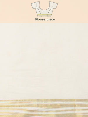 Off-White Cotton Set Saree with Off White Stripes On Golden Kasavu Border