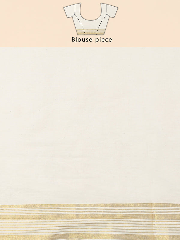 Off-White Cotton Set Saree with Off White Stripes On Golden Kasavu Border