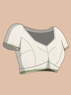 Off-White Cotton Plain Set Saree with Olive Green Pencil Border
