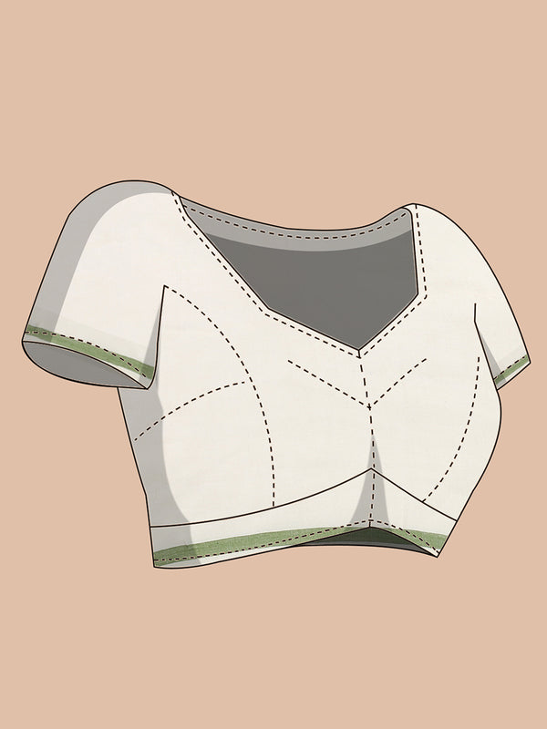 Off-White Cotton Plain Set Saree with Olive Green Pencil Border