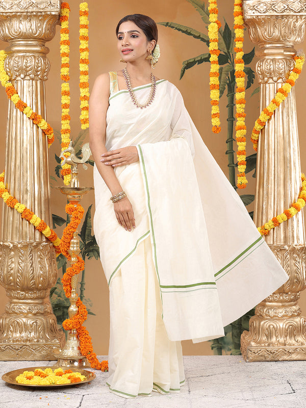 Off-White Cotton Plain Set Saree with Olive Green Pencil Border