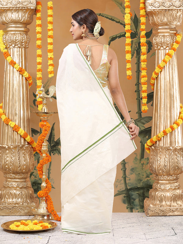 Off-White Cotton Plain Set Saree with Olive Green Pencil Border