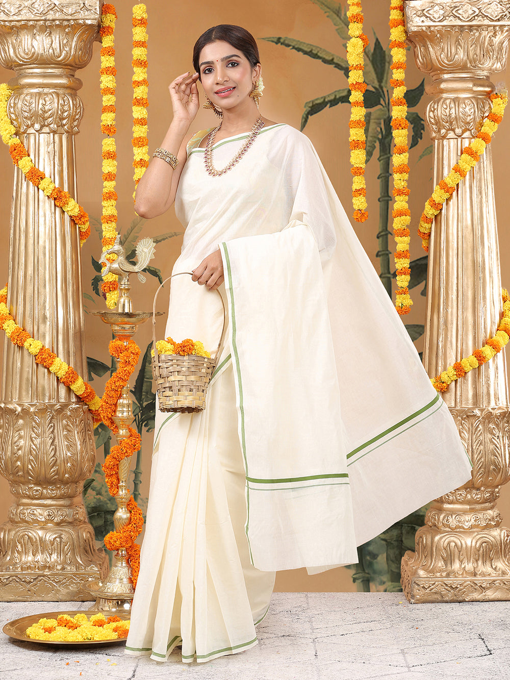 Off-White Cotton Plain Set Saree with Olive Green Pencil Border