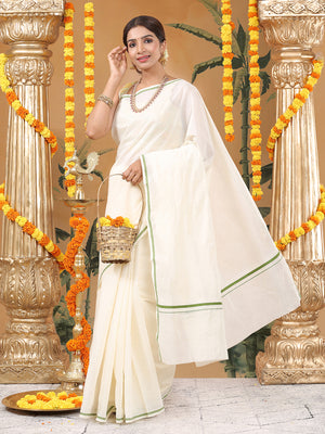 Off-White Cotton Plain Set Saree with Olive Green Pencil Border