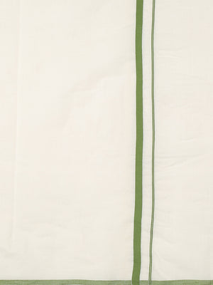 Off-White Cotton Plain Set Saree with Olive Green Pencil Border