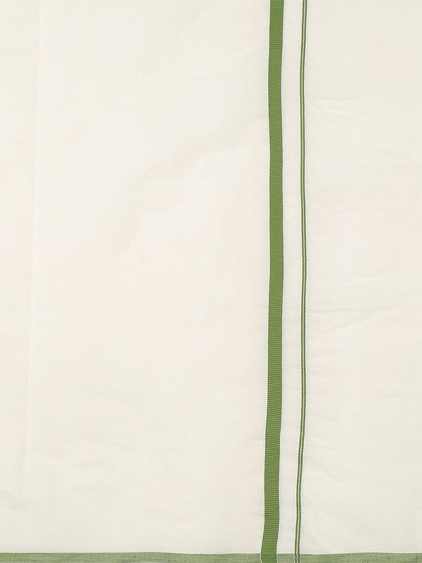 Off-White Cotton Plain Set Saree with Olive Green Pencil Border
