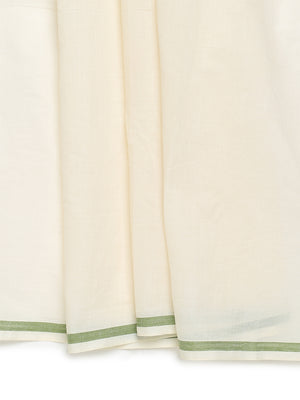 Off-White Cotton Plain Set Saree with Olive Green Pencil Border