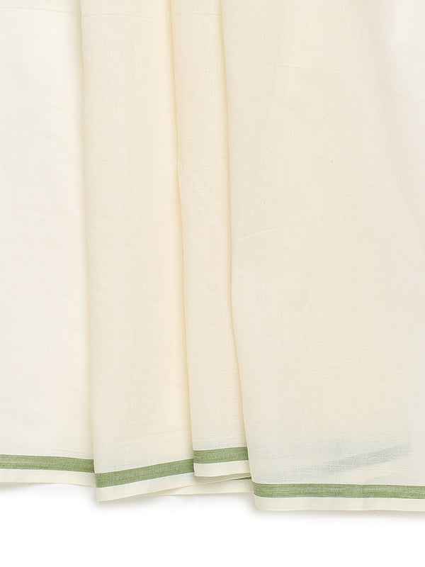 Off-White Cotton Plain Set Saree with Olive Green Pencil Border