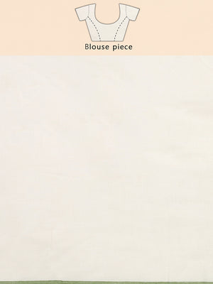 Off-White Cotton Plain Set Saree with Olive Green Pencil Border