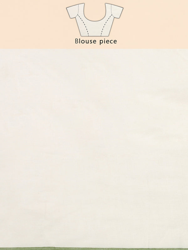Off-White Cotton Plain Set Saree with Olive Green Pencil Border