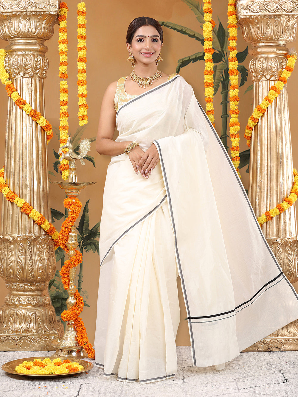 Off-White Cotton Plain Set Saree with Black Pencil Border