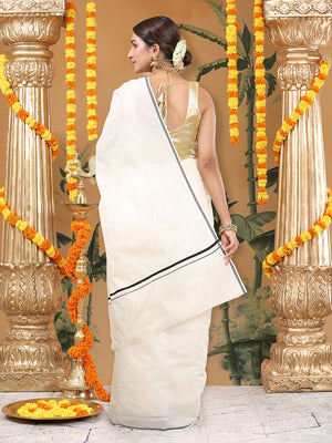 Off-White Cotton Plain Set Saree with Black Pencil Border