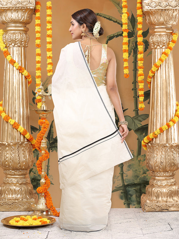 Off-White Cotton Plain Set Saree with Black Pencil Border