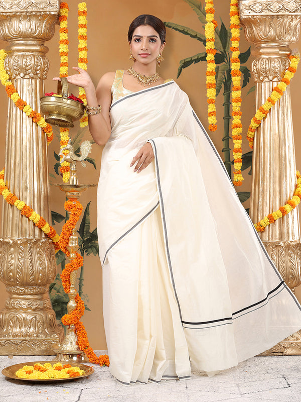 Off-White Cotton Plain Set Saree with Black Pencil Border