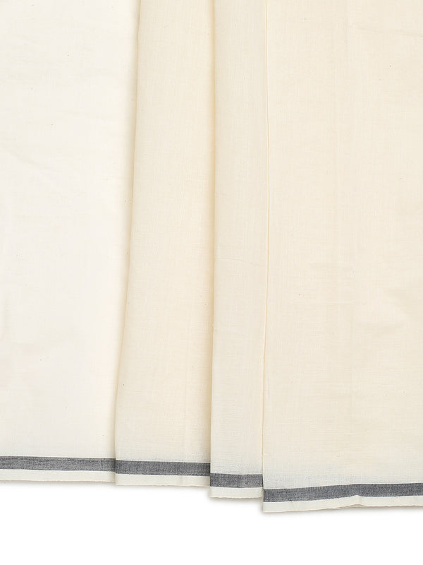 Off-White Cotton Plain Set Saree with Black Pencil Border