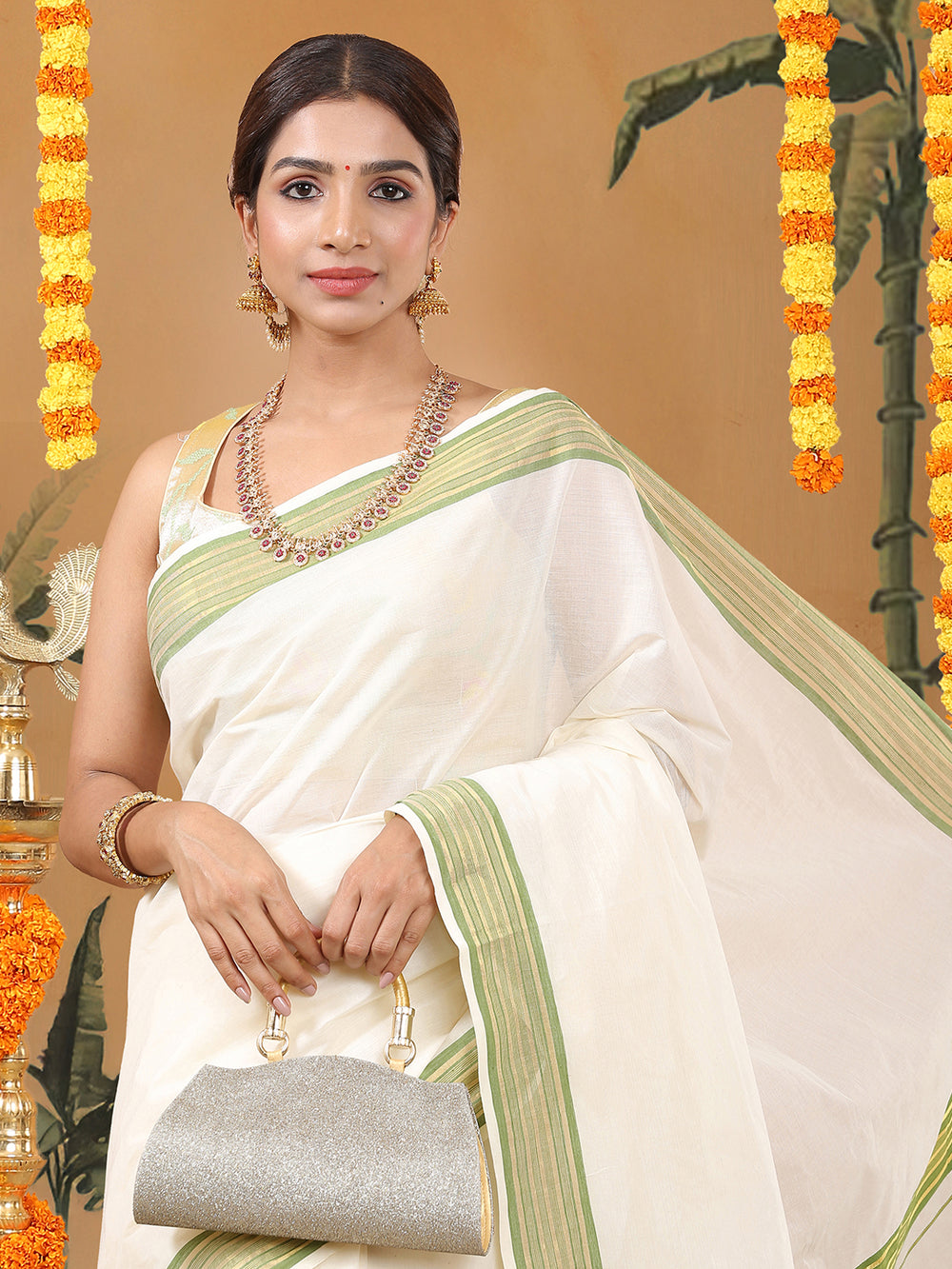 Off-White Cotton Set Saree with Olive Green and Golden Striped Kasavu Border