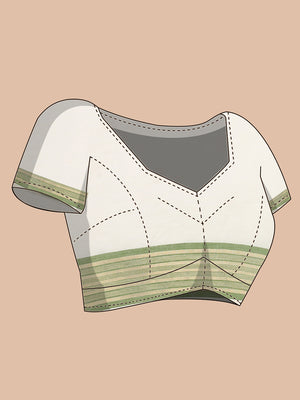 Off-White Cotton Set Saree with Olive Green and Golden Striped Kasavu Border